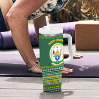 Rwanda Christmas Tumbler With Handle with Green-Yellow Pattern, National Emblem, and Radiant Sun Motif - Wonder Print Shop