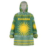 Rwanda Christmas Wearable Blanket Hoodie with Green-Yellow Pattern, National Emblem, and Radiant Sun Motif - Wonder Print Shop