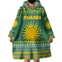 Rwanda Christmas Wearable Blanket Hoodie with Green-Yellow Pattern, National Emblem, and Radiant Sun Motif - Wonder Print Shop