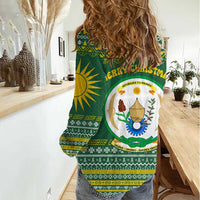 Rwanda Christmas Women Casual Shirt with Green-Yellow Pattern, National Emblem, and Radiant Sun Motif - Wonder Print Shop