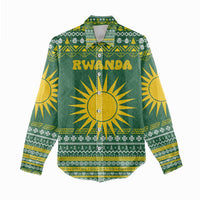 Rwanda Christmas Women Casual Shirt with Green-Yellow Pattern, National Emblem, and Radiant Sun Motif - Wonder Print Shop
