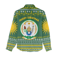 Rwanda Christmas Women Casual Shirt with Green-Yellow Pattern, National Emblem, and Radiant Sun Motif - Wonder Print Shop