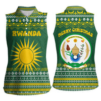 Rwanda Christmas Women Sleeveless Polo Shirt with Green-Yellow Pattern, National Emblem, and Radiant Sun Motif - Wonder Print Shop