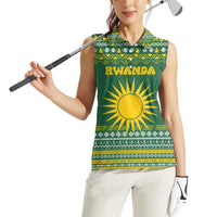Rwanda Christmas Women Sleeveless Polo Shirt with Green-Yellow Pattern, National Emblem, and Radiant Sun Motif - Wonder Print Shop
