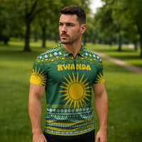 Rwanda Christmas Zipper Polo Shirt with Green-Yellow Pattern, National Emblem, and Radiant Sun Motif - Wonder Print Shop