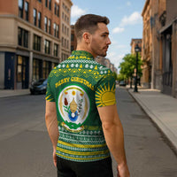 Rwanda Christmas Zipper Polo Shirt with Green-Yellow Pattern, National Emblem, and Radiant Sun Motif - Wonder Print Shop