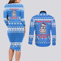 Christmas Stalker Bulldog Couples Matching Long Sleeve Bodycon Dress and Long Sleeve Button Shirt Xmas Holiday Patterns - Wonder Print Shop