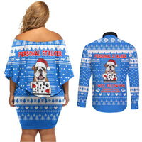 Christmas Stalker Bulldog Couples Matching Off Shoulder Short Dress and Long Sleeve Button Shirt Xmas Holiday Patterns - Wonder Print Shop