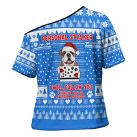 Christmas Stalker Bulldog Cross Shoulder Shirt Xmas Holiday Patterns - Wonder Print Shop