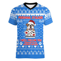 Christmas Stalker Bulldog Women V-Neck T-Shirt Xmas Holiday Patterns - Wonder Print Shop