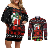 Christmas Straight Outta Gangsta Claus Couples Matching Off Shoulder Short Dress and Long Sleeve Button Shirt Xmas Holiday Patterns - Wonder Print Shop