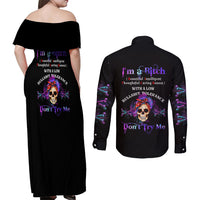 I'm A B Don't Try Me - Bullshit Tolerange Couples Matching Off Shoulder Maxi Dress and Long Sleeve Button Shirt - Wonder Print Shop