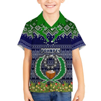 Kids' navy Hawaiian shirt with green collar and skull graphic, festive lights hem