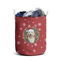 Golden Retriever Christmas Laundry Basket with Santa Hat Wreath and Snowflake Design - Wonder Print Shop