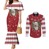 Golden Retriever Christmas Couples Matching Mermaid Dress and Long Sleeve Button Shirt with Santa Hat Wreath and Snowflake Design - Wonder Print Shop