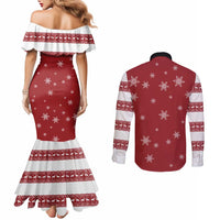 Golden Retriever Christmas Couples Matching Mermaid Dress and Long Sleeve Button Shirt with Santa Hat Wreath and Snowflake Design - Wonder Print Shop