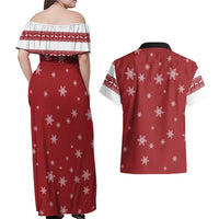 Golden Retriever Christmas Couples Matching Off Shoulder Maxi Dress and Hawaiian Shirt with Santa Hat Wreath and Snowflake Design - Wonder Print Shop