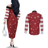 Golden Retriever Christmas Couples Matching Off The Shoulder Long Sleeve Dress and Long Sleeve Button Shirt with Santa Hat Wreath and Snowflake Design - Wonder Print Shop