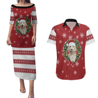 Golden Retriever Christmas Couples Matching Puletasi and Hawaiian Shirt with Santa Hat Wreath and Snowflake Design - Wonder Print Shop