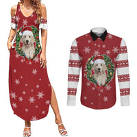 Golden Retriever Christmas Couples Matching Summer Maxi Dress and Long Sleeve Button Shirt with Santa Hat Wreath and Snowflake Design - Wonder Print Shop