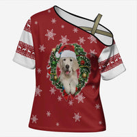 Golden Retriever Christmas Cross Shoulder Shirt with Santa Hat Wreath and Snowflake Design - Wonder Print Shop