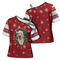 Golden Retriever Christmas Cross Shoulder Shirt with Santa Hat Wreath and Snowflake Design - Wonder Print Shop