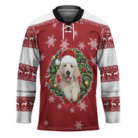 Golden Retriever Christmas Hockey Jersey with Santa Hat Wreath and Snowflake Design - Wonder Print Shop