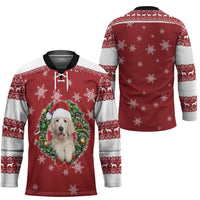 Golden Retriever Christmas Hockey Jersey with Santa Hat Wreath and Snowflake Design - Wonder Print Shop