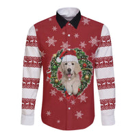 Golden Retriever Christmas Long Sleeve Button Shirt with Santa Hat Wreath and Snowflake Design - Wonder Print Shop