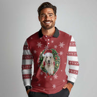 Golden Retriever Christmas Long Sleeve Polo Shirt with Santa Hat Wreath and Snowflake Design - Wonder Print Shop