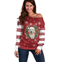 Golden Retriever Christmas Off Shoulder Sweater with Santa Hat Wreath and Snowflake Design - Wonder Print Shop
