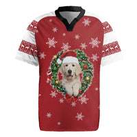Golden Retriever Christmas Rugby Jersey with Santa Hat Wreath and Snowflake Design - Wonder Print Shop