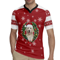 Golden Retriever Christmas Rugby Jersey with Santa Hat Wreath and Snowflake Design - Wonder Print Shop