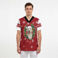 Golden Retriever Christmas Scrub Top with Santa Hat Wreath and Snowflake Design - Wonder Print Shop