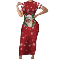 Golden Retriever Christmas Short Sleeve Bodycon Dress with Santa Hat Wreath and Snowflake Design - Wonder Print Shop