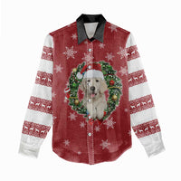 Golden Retriever Christmas Women Casual Shirt with Santa Hat Wreath and Snowflake Design - Wonder Print Shop