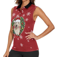 Golden Retriever Christmas Women Sleeveless Polo Shirt with Santa Hat Wreath and Snowflake Design - Wonder Print Shop