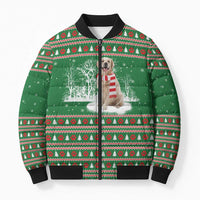 Golden Retriever Christmas Bomber Puffer Jacket with Red Scarf Snowflakes and Tree Pattern - Wonder Print Shop