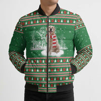 Golden Retriever Christmas Bomber Puffer Jacket with Red Scarf Snowflakes and Tree Pattern - Wonder Print Shop