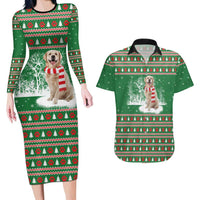 Golden Retriever Christmas Couples Matching Long Sleeve Bodycon Dress and Hawaiian Shirt with Red Scarf Snowflakes and Tree Pattern - Wonder Print Shop