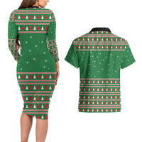 Golden Retriever Christmas Couples Matching Long Sleeve Bodycon Dress and Hawaiian Shirt with Red Scarf Snowflakes and Tree Pattern - Wonder Print Shop