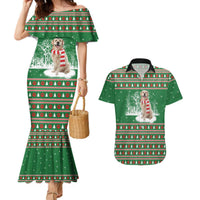 Golden Retriever Christmas Couples Matching Mermaid Dress and Hawaiian Shirt with Red Scarf Snowflakes and Tree Pattern - Wonder Print Shop