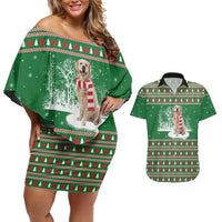 Golden Retriever Christmas Couples Matching Off Shoulder Short Dress and Hawaiian Shirt with Red Scarf Snowflakes and Tree Pattern - Wonder Print Shop