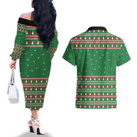 Golden Retriever Christmas Couples Matching Off The Shoulder Long Sleeve Dress and Hawaiian Shirt with Red Scarf Snowflakes and Tree Pattern - Wonder Print Shop