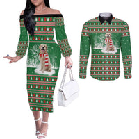Golden Retriever Christmas Couples Matching Off The Shoulder Long Sleeve Dress and Long Sleeve Button Shirt with Red Scarf Snowflakes and Tree Pattern - undefined