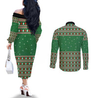 Golden Retriever Christmas Couples Matching Off The Shoulder Long Sleeve Dress and Long Sleeve Button Shirt with Red Scarf Snowflakes and Tree Pattern - undefined