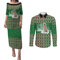 Golden Retriever Christmas Couples Matching Puletasi and Long Sleeve Button Shirt with Red Scarf Snowflakes and Tree Pattern - Wonder Print Shop