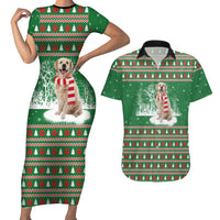 Golden Retriever Christmas Couples Matching Short Sleeve Bodycon Dress and Hawaiian Shirt with Red Scarf Snowflakes and Tree Pattern - Wonder Print Shop