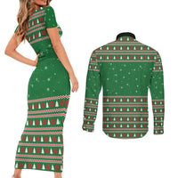 Golden Retriever Christmas Couples Matching Short Sleeve Bodycon Dress and Long Sleeve Button Shirt with Red Scarf Snowflakes and Tree Pattern - Wonder Print Shop