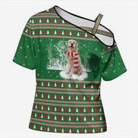 Golden Retriever Christmas Cross Shoulder Shirt with Red Scarf Snowflakes and Tree Pattern - Wonder Print Shop